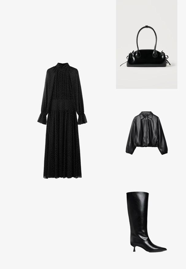 Veste en cuir noir ajustée avec un col, fermeture éclair sur le devant et ourlet élastiqué ; dispose de manches larges et rembourrées pour un ajustement décontracté.; Robe midi noire à manches longues avec des pois blancs, col montant, devant plissé et poignets évasés.; Boot en cuir noir, montant jusqu'au genou, avec un bout pointu, une silhouette élancée et un talon carré bas, le tout avec une finition brillante.; Petit sac à main noir brillant avec deux longues anses et des détails à cordon sur les côtés sur un fond clair uni.