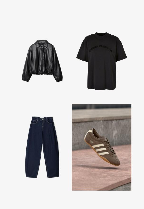 Gekürzte schwarze Lederjacke mit Kragen, Frontreißverschluss und elastischem Saum; verfügt über lockere, gepolsterte Ärmel für einen lässigen Sitz.; Schwarzes Baumwoll-T-Shirt mit entspanntem Schnitt, kurzen Ärmeln und rundem Halsausschnitt, auf dem in fettem Text "URBAN CLASSICS" auf der Vorderseite gedruckt ist.; Dunkelblaue Jeanshose mit lockerer Passform, ausgestattet mit fünf Taschen, kontrastierenden Nähten und einem Reißverschluss vorne.; Brauner Wildledersneaker mit weißen Streifen und Branding, ausgestattet mit einer abgerundeten Zehenpartie und einer Gummisohle, schwebt über einer strukturierten Oberfläche.
