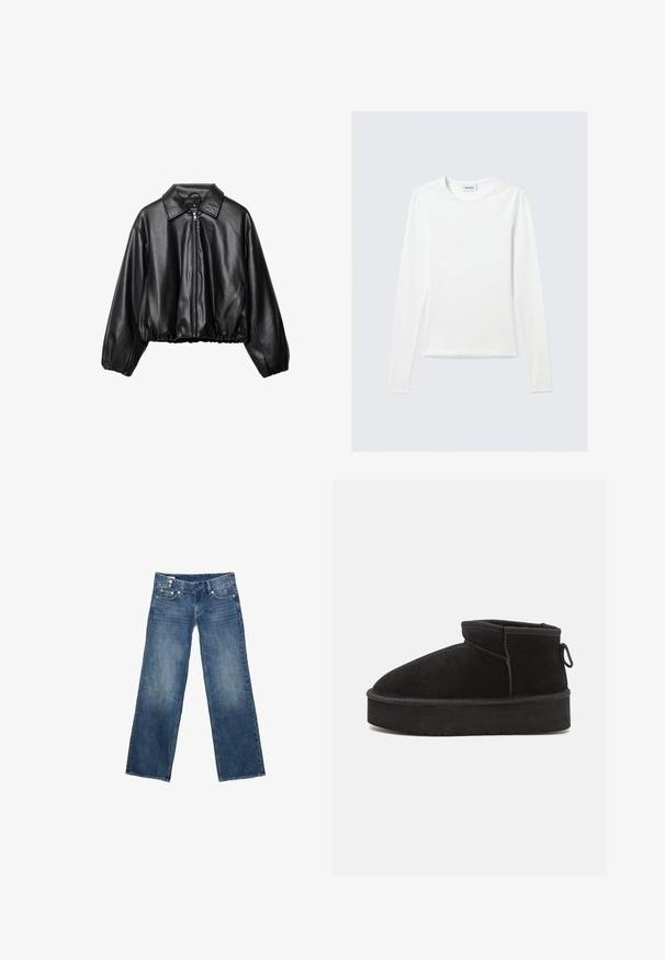 Afgekorte zwarte leren jas met een kraag, rits aan de voorkant en elastische zoom; heeft losse, gevoerde mouwen voor een ontspannen pasvorm.; Effen wit shirt met lange mouwen en ronde hals, slim fit, afgebeeld tegen een lichtgrijze achtergrond.; Blauwe spijkerbroek met brede rechte pijpen, voorzakken en knoopsluiting, plat gelegd op een witte achtergrond.; Zwarte suède enkellaars met een ronde neus, voorzien van een verhoogde zool en een zijlus voor gemakkelijk aantrekken. Het ontwerp is eenvoudig met minimale accenten.