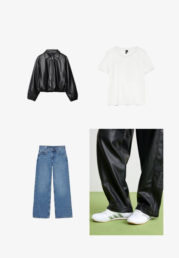 Gekürzte schwarze Lederjacke mit Kragen, Frontreißverschluss und elastischem Saum; verfügt über lockere, gepolsterte Ärmel für einen lässigen Sitz.; Weißes T-Shirt mit kurzen Ärmeln und rundem Ausschnitt, hergestellt aus leichtem Stoff. Schlichtes Design, glatte Textur und gerader Saum.; Blaue, hoch taillierte, weit geschnittene Jeans aus Denim mit vorderer Knopfleiste, Reißverschluss und Fünf-Taschen-Design.; Schwarze Kunstlederhosen mit einer lockeren Passform, die eine glatte Textur und seitliche Streifen aufweisen. Kombiniert mit weißen Sneakers mit silbernen Akzenten.
