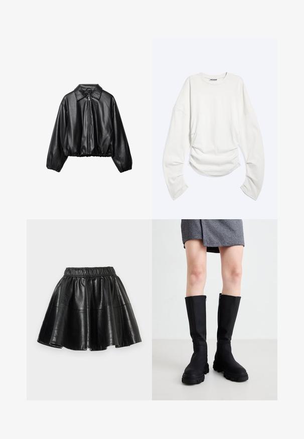 Forkortet sort læderjakke med krave, frontlynlås og elastisk nederste kant; har løse, polstrede ærmer for en afslappet pasform.; Hvid langærmet crewneck-shirt med rynkedetaljer i taljen og en afslappet pasform, mærket "WEEKDAY" inde i kraven.; Sort faux læder flared nederdel med elastisk talje og synlige sømme på en ensfarvet hvid baggrund.; Sorte knæhøje støvler med en glat overflade, kraftige såler og en diskret lynlås på siden. Stilfuldt parret med en grå herringbone nederdel.