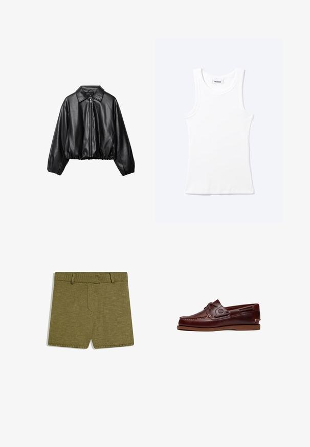Veste en cuir noir ajustée avec un col, fermeture éclair sur le devant et ourlet élastiqué ; dispose de manches larges et rembourrées pour un ajustement décontracté.; Débardeur blanc côtelé sans manches avec encolure ronde et une petite étiquette indiquant "WEEKDAY" à l'intérieur du col.; Shorts tricotés vert olive avec une taille élastique côtelée et des passants pour ceinture, présentés à plat sur un fond blanc.; Chaussure bateau en cuir marron avec lacets, détails de couture et logo Timberland sur le côté, présentée sur un fond blanc.