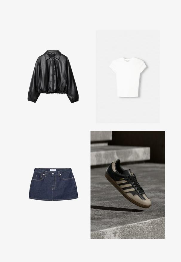 Veste en cuir noir ajustée avec un col, fermeture éclair sur le devant et ourlet élastiqué ; dispose de manches larges et rembourrées pour un ajustement décontracté.; T-shirt blanc à manches courtes en coton doux, avec un col rond et une coupe ajustée. Pas de motifs ni d'ornements visibles.; Minijupe en denim bleu foncé avec bouton sur le devant, poches, passants de ceinture et coutures orange visibles sur fond blanc.; Baskets en cuir noir et beige avec trois bandes blanches, semelle en caoutchouc beige et détail en or "Samba" sur le côté.