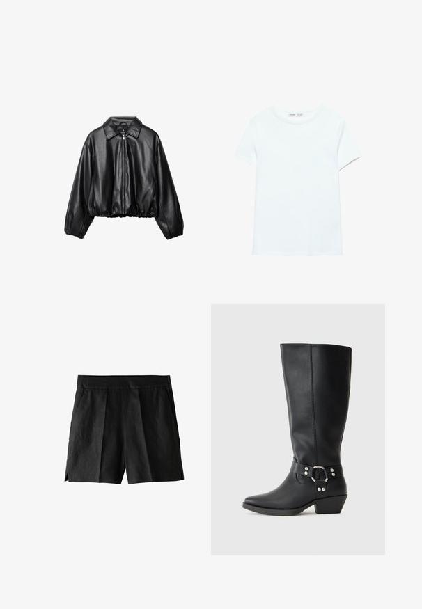 Afgekorte zwarte leren jas met een kraag, rits aan de voorkant en elastische zoom; heeft losse, gevoerde mouwen voor een ontspannen pasvorm.; Effen wit katoenen T-shirt met korte mouwen en een ronde hals, plat gelegd op een witte achtergrond, zonder zichtbare patronen of logo's.; Zwarte linnen shorts met een geplooide voorkant, zijzakken en een ontspannen pasvorm. De stof heeft een gladde textuur en een casual ontwerp.; Zwarte leren kniehoge laarzen met een spitse neus, voorzien van een decoratieve enkelband en zilveren hardwareaccenten. Lage, gestapelde hak.