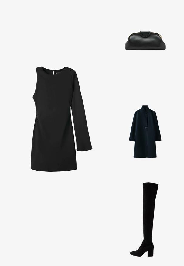 Long manteau noir avec un col haut et deux boutons visibles à l'avant, présenté sur fond blanc.; Robe noire à manches longues avec un col rond, dotée de fronces sur les côtés, d'une silhouette ajustée et d'une fermeture en forme de clé dans le dos. Tissu lisse et extensible.; Bottes noires au-dessus du genou en daim doux, avec un talon haut épais et un design épuré et ajusté avec un bout rond.; Pochette en cuir noire avec armature métallique dorée et fermeture pression sur fond blanc.