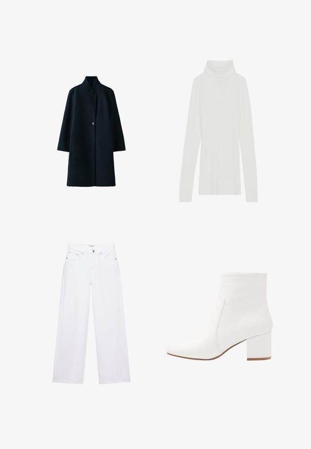 Lange zwarte jas met een hoge kraag en twee zichtbare voorste knopen, getoond tegen een witte achtergrond.; Witte geribde turtleneck trui met lange mouwen, zachte textuur en een hoge rolkraag, met een aansluitend ontwerp en geen zichtbare sluitingen.; Witte jeans met hoge taille en wijde pijpen, voorzien van knoop- en ritssluiting, voor- en achterzakken, en zilverkleurige klinknageldetails.; Witte enkellaarzen met een gladde afwerking, vierkante neus en een blokhak van gemiddelde hoogte. Naaddetails benadrukken het minimalistische ontwerp.