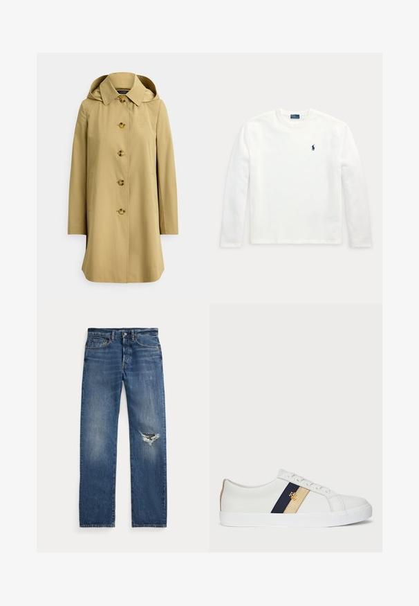 Beige regenjas met capuchon, knoopsluiting en zijzakken. Heeft goudkleurige knopen en een subtiel geborduurd logo op de borst.; Witte longsleeve met ronde hals en klein donkerblauw geborduurd paard- en ruiterlogo op de linkerborst.; Blauwe spijkerbroeken met een middelhoge taille, vijf zakken en een rafelachtig gat op de rechterknie.; Witte sneaker met een gladde synthetische bovenkant, voorzien van een marineblauwe en gouden streep, en een gestructureerde rubberen zool. Logodetail aan de zijkant.