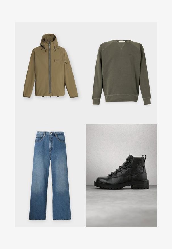 Veste à capuche marron clair avec fermeture éclair à l'avant, poignets élastiques, ourlet ajustable et une poche à rabat sur la partie supérieure de la manche gauche.; Sweat-shirt vert olive à manches longues avec col rond, poignets et bas en bord-côte, coutures minimales et petit logo brodé sur la poitrine.; Jean en denim bleu à jambes évasées avec un design classique à cinq poches, fermeture à bouton à l'avant et légères décolorations pour ajouter de la texture.; Bottines en cuir noir avec tige texturée, six œillets et semelle robuste. Comprend un passant au talon pour un enfilage facile.