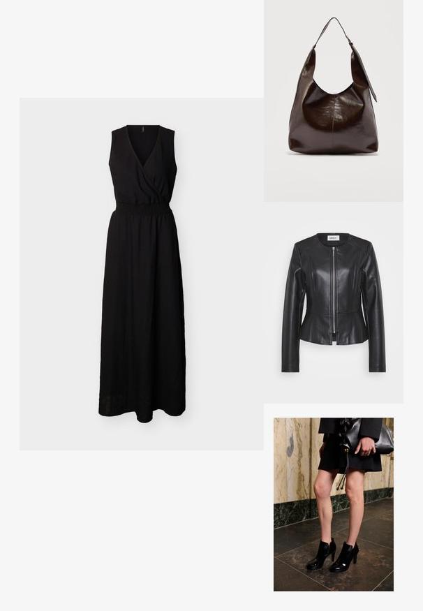 Zwarte leren jas met een getailleerd ontwerp, hoge halslijn en lange mouwen. Voorzien van een rits aan de voorkant en naaddetails. Peplum tailleaccent.; Zwart mouwloze maxi-jurk met V-hals, overslag bovenstuk en elastische, geplooide taille, met vloeiende rok, afgebeeld tegen effen achtergrond.; Een vrouw draagt zwarte enkellaarzen en een zwarte rok, houdt een grote zwarte leren clutch vast, en staat op een donkere tegels vloer nabij een marmeren muur.; Donkerbruine glanzende leren schoudertas met een enkele brede riem en gespsdetail aan één kant, tegen een effen lichte achtergrond.
