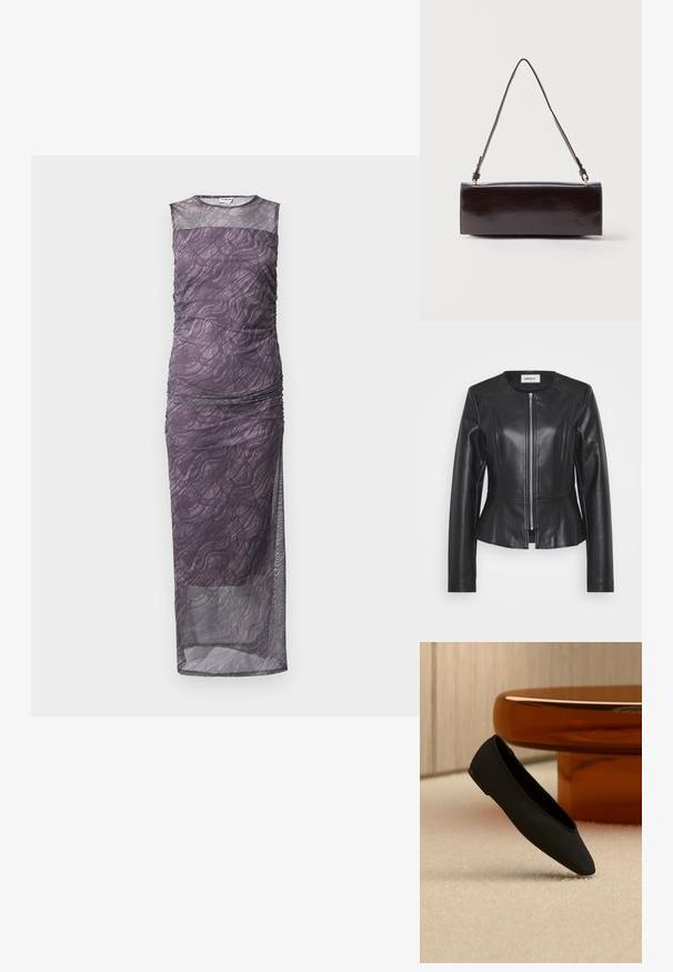 Musta nahkatakki, jossa on muotoiltu malli, korkea kaulus ja pitkät hihat. Varustettu edessä vetoketjulla ja sauma yksityiskohdilla. Peplum-vyötärökorostus.; Violetti verkko mekko ilman hihoja, rypistetty rakenne ja aaltoileva kuvio; lattiatason pituinen läpikuultavalla päällekkäisyydellä lisäyksinä.; Musta kärjestetty tasapohjainen kenkä beigen maton päällä, taustalla matala, pyöreä, läpikuultava, meripihkanvärinen pöytä.; Suorakulmainen musta nahkainen käsilaukku, jossa on yksi pitkä hihna ja kiiltävä viimeistely, esitettyä yksinkertaista valkoista taustaa vasten.