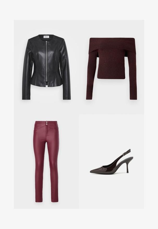 Schwarze Lederjacke mit taillierter Passform, hohem Kragen und langen Ärmeln. Verfügt über einen Frontreißverschluss und Nahtdetails. Akzentuiert mit einem Peplum-Taille.; Dunkelbrauner schulterfreier Strickpullover mit langen Ärmeln und gerippten Bündchen und Saum vor schlichtem Hintergrund.; Burgunderfarbene, taillierte Skinny-Hosen aus Kunstleder mit hoher Taille, ausgestattet mit zwei vorderen Knöpfen, schrägen Vorderentaschen und einer glatten, glänzenden Textur.; Slingback-Pumps aus glänzendem dunklen braunen Lackleder, mit spitzer Zehenpartie, offenen Seiten und verstellbarem Knöchelriemen.