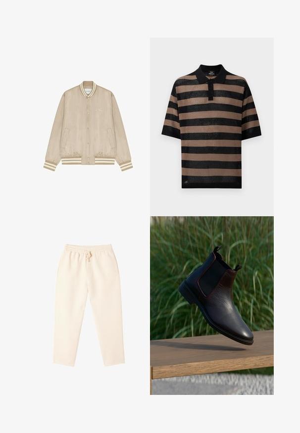 Veste bomber beige en satin avec fines rayures blanches, boutons-pression, col, poignets et bas côtelés rayés, et petit logo "Les Deux" sur la poitrine.; Polo à manches courtes avec rayures horizontales noires et beiges, col noir, trois boutons noirs et texture en maille ouverte.; Pantalon de jogging beige clair avec une taille élastique et un cordon de serrage. Comprend des poches latérales et une coupe ajustée. Tissu doux et texturé.; Bottines Chelsea en cuir noir avec finition texturée, panneaux latéraux élastiques et languettes. Semelle robuste et design élégant à bout pointu.