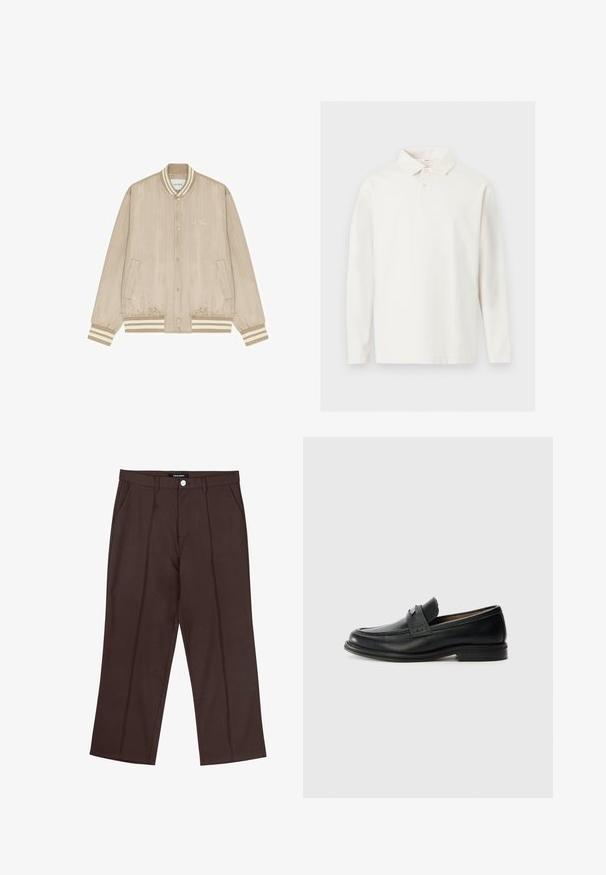 Beige satin bomberjakke med hvide nålestriber, trykknapper, stribet ribkrave, manchetter, kant og lille "Les Deux"-logo på brystet.; Langærmet hvid polo med krave og to knapper, lagt fladt på en lys baggrund.; Brune lige ben bukser med frontfolder, lommer i siden, bæltestropper og en mærke knaplukning i taljen.; Sorte læder loafers med en glat finish, der har et tekstureret øverste bånd, lav hæl og minimale syninger.