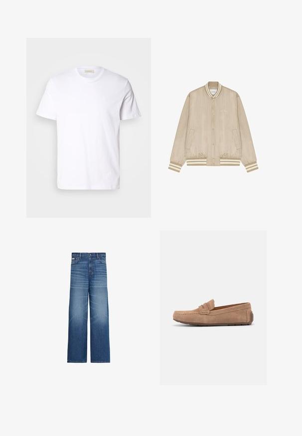 Cazadora bomber beige de satén con rayas blancas, botones a presión, cuello, puños y bajo de canalé a rayas, y pequeño logo "Les Deux" en el pecho.; Camiseta blanca de manga corta hecha de algodón suave. Presenta un cuello redondo y un pequeño logotipo sutil en el pecho.; Vaqueros azules de pierna ancha con detalles descoloridos, cinco bolsillos y cierre de botón en la cintura.; Mocasín de ante marrón claro con suela de goma, costura moc toe y tira de centavo a través del empeine, mostrado de perfil sobre fondo blanco.