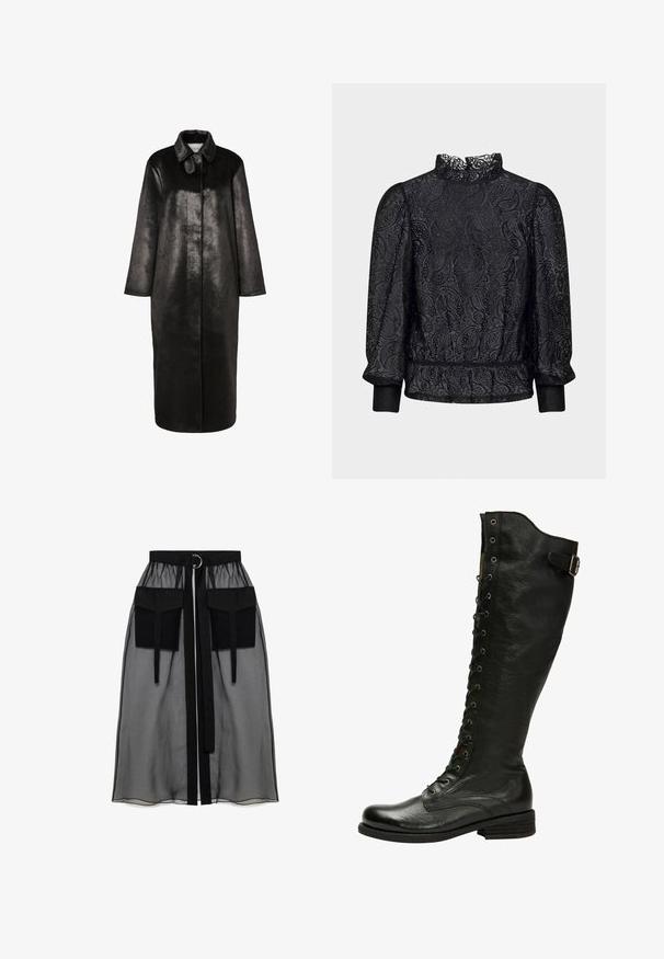 Lange zwarte jas van kunstleer met een spitse kraag en mouwen van volledige lengte, afgebeeld op een effen witte achtergrond.; Minimum Blouse - black; Zwarte doorschijnende rok met een verzameld tailleband, voorzien van twee grote voorzakken, een tailleband met strik en een ronde metalen accent.; Zwarte leren kniehoog laars met vetersluiting aan de voorkant, zilveren oogjes en een bucklet aan de zijkant. Heeft een gestructureerde afwerking en een gestapelde hak.