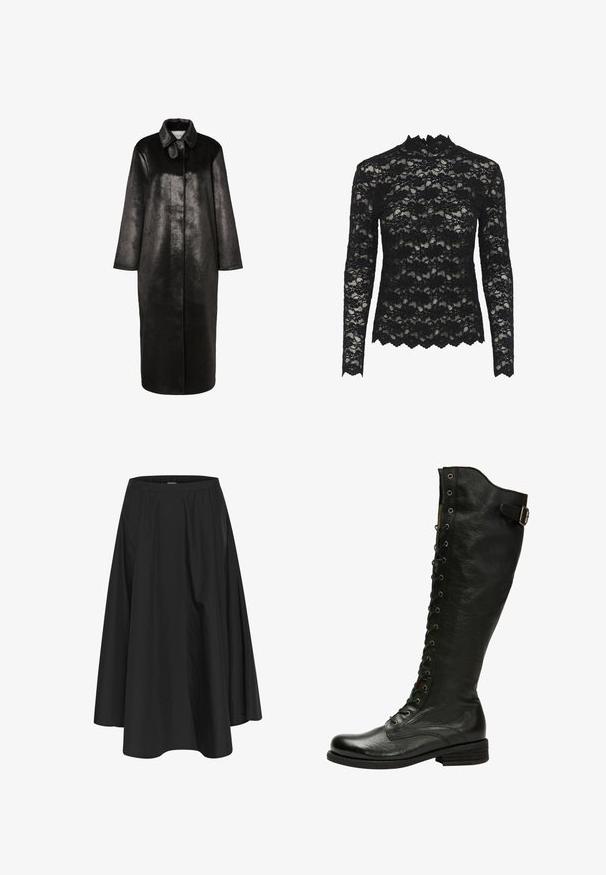 Abrigo largo negro de cuero sintético con cuello puntiagudo y mangas de longitud completa, mostrado sobre un fondo blanco liso.; Top de encaje negro de manga larga con cuello alto, patrón floral, bordes en pico y textura transparente.; Falda negra hasta la rodilla con cintura elástica, con pliegues para dar volumen y una textura suave. Diseño simple y clásico sin adornos.; Bota de cuero negro hasta la rodilla con cordones en el frente, ojales de plata y hebilla lateral. Presenta un acabado texturizado y tacón apilado.