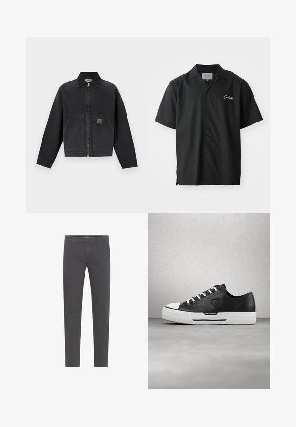 Veste noire zippée avec col pointu, deux poches avant, dont une avec une petite écusson logo marron, manches longues et ourlet droit.; Chemise noire à manches courtes avec boutons, dotée d'un col de type camp, comportant un logo brodé blanc sur la poitrine et une coupe décontractée.; Pantalons gris, ajustés, fabriqués en coton doux. Dotés d'une fermeture à bouton, de passants de ceinture et d'un design épuré et contemporain. Sans motifs visibles.; Baskets en cuir noir avec accents blancs, semelle en caoutchouc texturée et logo. Dotées d'un laçage traditionnel et d'un bout arrondi avec un design distinctif.