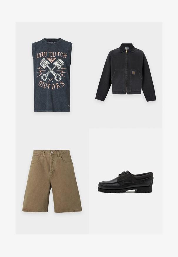 Veste noire zippée avec col pointu, deux poches avant, dont une avec une petite écusson logo marron, manches longues et ourlet droit.; Débardeur gris foncé avec des pistons croisés, des éclairs et le texte « Von Dutch 1929 Motors » en rose pâle et blanc.; Shorts en denim de coton marron taille haute avec bouton à l'avant, fermeture éclair, passants pour ceinture et deux poches avant sur un fond uni.; Chaussure noire avec un dessus en cuir, des accents textiles, des lacets ronds et une semelle en caoutchouc texturé. Présente des coutures mocassins et des détails de marque.