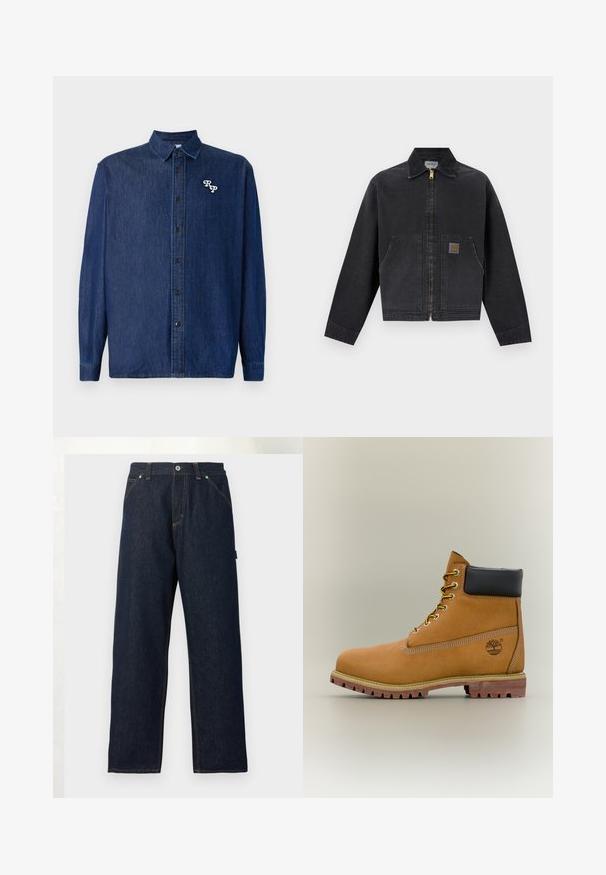 Chaqueta negra con cremallera y cuello puntiagudo, dos bolsillos delanteros, uno con un pequeño parche de logo marrón, mangas largas y dobladillo recto.; Camisa de denim azul oscuro con cierre de botones en la parte delantera, mangas largas y cuello puntiagudo. Presenta un logo "RP" bordado en blanco.; Vaqueros de mezclilla de pierna recta en azul oscuro, con bolsillos delanteros, trabillas para cinturón y cierre de botón en la cintura, sobre un fondo liso.; Bota de tobillo de cuero marrón con cuello negro, cordones amarillos y suela beige. Presenta un logotipo y detalles de costura blanca. Suela exterior con tracción robusta.