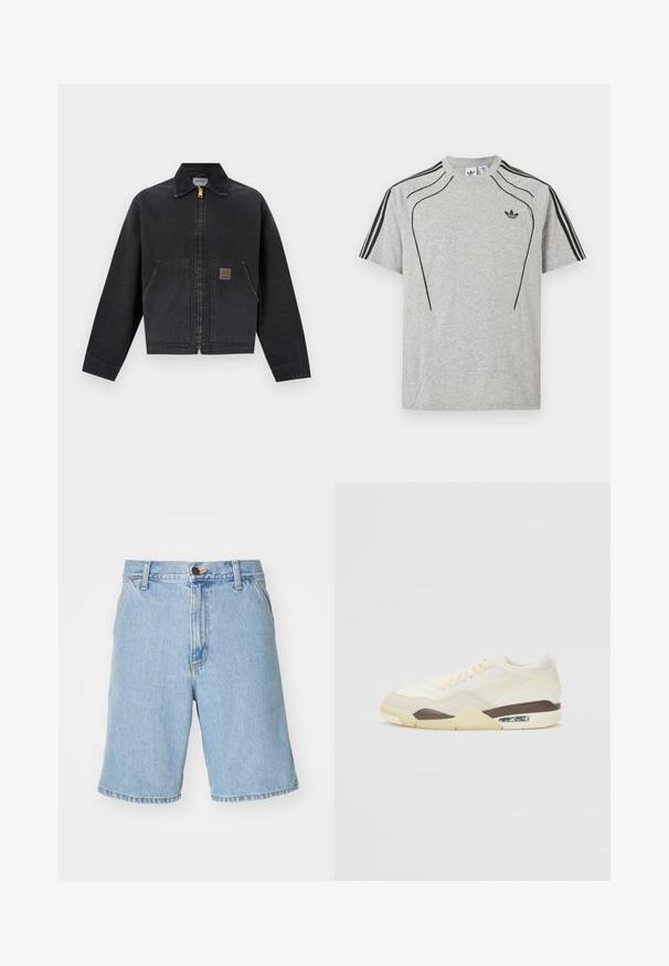Sort lynlåstrøje med spids krave, to forlommer, hvoraf den ene har en lille brun logopatch, lange ærmer og en lige kant.; Lysegrå Adidas t-shirt med sorte striber på ærmerne, sorte buede sømdetaljer og et lille trefoil-logo på venstre bryst.; Lysblå denim shorts med en afslappet pasform, der har lynlås og knaplukning samt fire lommer. Stoffet har en glat tekstur.; Sko med en cremefarvet overdel der kombinerer mesh og glatte teksturer, en brun accent, en lys gul sål og synlig luftdæmpning i hælen.