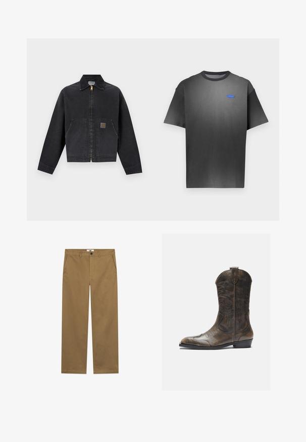 Sort lynlåstrøje med spids krave, to forlommer, hvoraf den ene har en lille brun logopatch, lange ærmer og en lige kant.; Grå T-shirt med korte ærmer, der har en subtil gradient, rund hals og et lille blåt logo på brystet. Glat stofstruktur.; Brune bomuldschinos med lige snit, der har frontlommer, knaplukning og en ren finish. Tekstilen har en glat struktur.; Brune læder cowboystøvle med en høj skaft, spids tå, intrikate syning mønstre og en lille hæl. Struktureret finish hele vejen igennem.