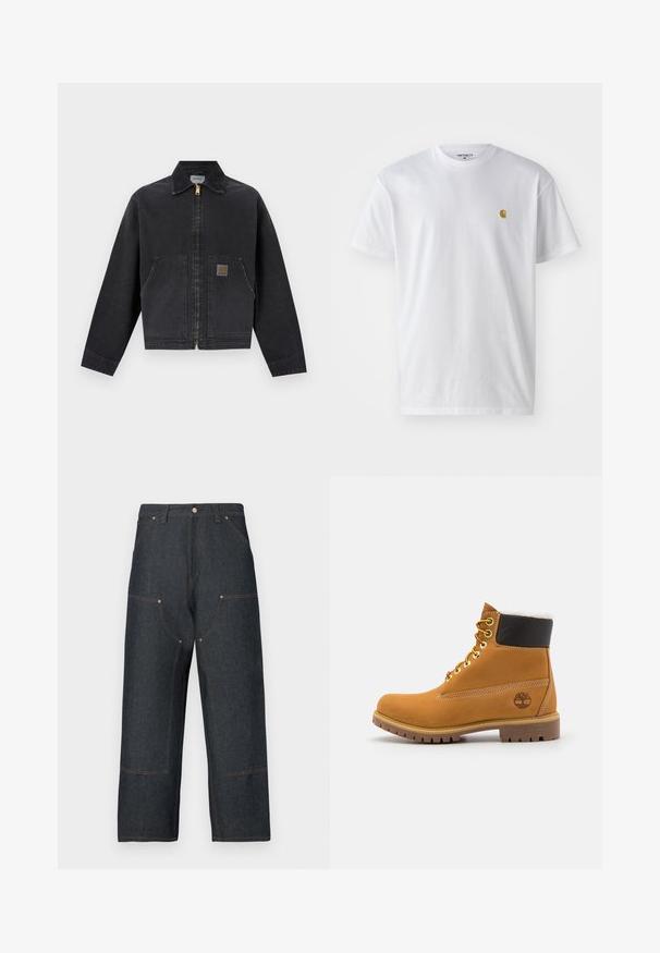 Veste noire zippée avec col pointu, deux poches avant, dont une avec une petite écusson logo marron, manches longues et ourlet droit.; T-shirt en coton blanc à manches courtes, col rond, avec un petit logo doré sur la poitrine gauche. Texture douce et coupe régulière.; Jean en denim bleu foncé avec une coupe à jambes larges, présentant des coutures contrastantes orange, des poches avant et une fermeture classique par bouton.; Bottine en cuir brun avec œillets en métal, doublure en fourrure blanche, col rembourré noir, semelle robuste et logo en relief sur le côté.