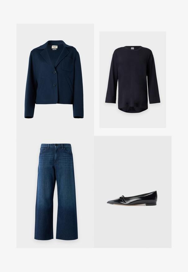 Marineblauwe cropped wollen jas met een opstaande kraag, twee knopen, zijzakken en een borstzak met applicatie.; Zwart shirt met lange mouwen en ronde hals, met een licht gebogen zoom, weergegeven tegen een lichtgrijze achtergrond.; Brede donkerblauwe spijkerbroek met een voorknop, riemlussen en een klassieke vijf-pocket stijl op een effen achtergrond.; Zwarte gepatenteerde leren platte schoen met een puntige neus, een kleine decoratieve band en een lage blokhak. Gladde textuur en strak ontwerp.