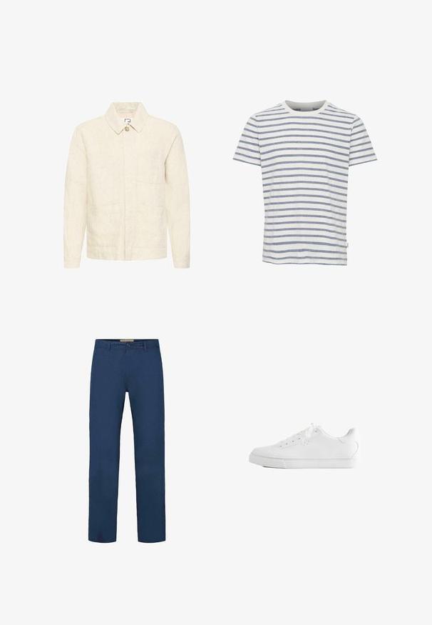 Veste beige à manches longues avec col, fermeture à bouton unique et trois poches plaquées à l'avant, confectionnée dans un tissu texturé.; T-shirt en coton avec des rayures horizontales bleu marine sur un fond blanc. Encolure ronde et manches courtes. Texture lisse.; Pantalon en coton bleu marine avec une coupe droite, doté d'une fermeture à boutons à l'avant et de poches latérales visibles. Texture lisse.; Baskets basses blanches avec lacets, dessus en cuir lisse et semelle extérieure en caoutchouc plate, vues de côté sur fond blanc.
