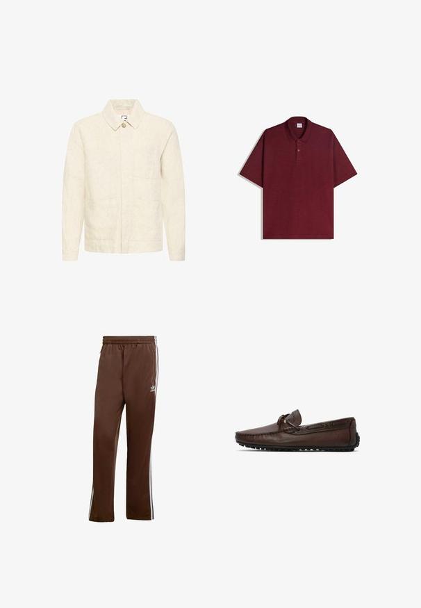 Beige jakke med lange ærmer, krave, enkelt knaplukning og tre forlommer, lavet af et tekstureret stof.; Bordeauxrød poloshirt med korte ærmer, krave og to-knaps lukning, lagt fladt på en hvid baggrund.; Brune atletiske bukser lavet af glat stof, med hvide sidelister og elastisk talje. Inkluderer lommer på begge sider.; Herre mørkebrune lær moccasin loafers med gummisål og snøredetalje langs siderne og toppen.