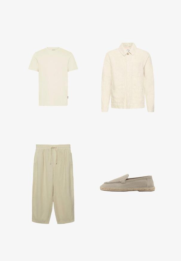 Veste beige à manches longues avec col, fermeture à bouton unique et trois poches plaquées à l'avant, confectionnée dans un tissu texturé.; T-shirt à manches courtes et col rond en beige clair, tissu texturé avec un petit logo sur la poitrine et une étiquette sur le côté.; Pantalon beige ample et court avec taille élastique et cordon à l’avant, fabriqué en tissu léger.; Mocassin beige en daim à enfiler avec semelle en jute tressée, détails cousus le long des bordures supérieures, talon plat et bout rond.