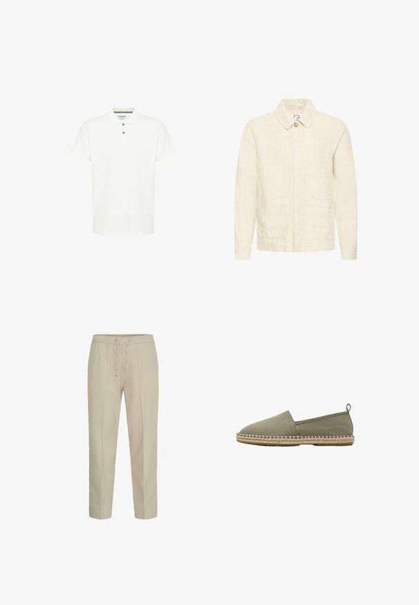Beige lange mouwen jas met een kraag, sluiting met een enkele knoop en drie zakken aan de voorkant, gemaakt van een gestructureerde stof.; Witte polo shirt van katoen, met een klassieke kraag, korte mouwen en een drie-knopenpaneel met donkerblauwe knoppen.; Beige broek met trekkoord, elastische tailleband, voorplooien en rechte pijpen.; Olijfgroene canvas slip-on espadrille met juteomwikkelde zool en trek lus bij de hiel, getoond op een witte achtergrond.