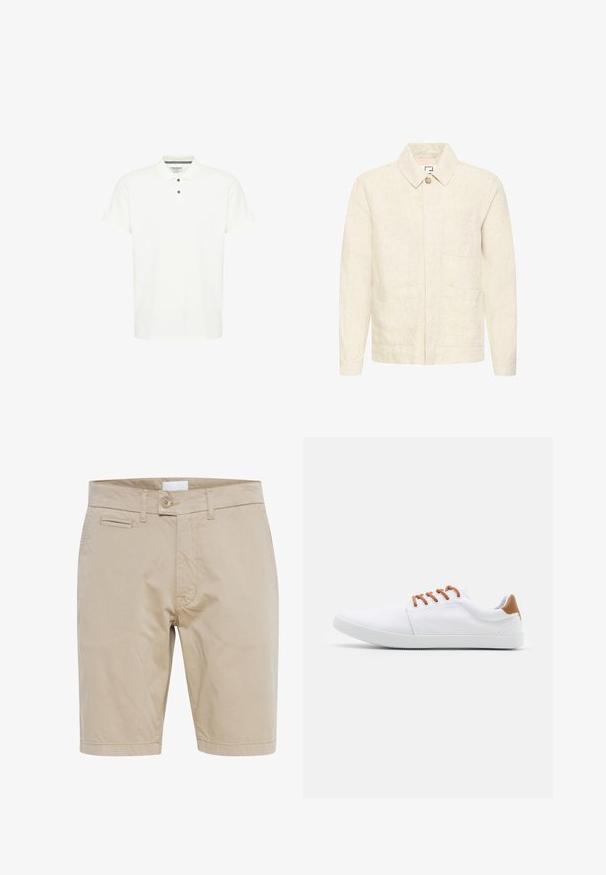 Beige jakke med lange ærmer, krave, enkelt knaplukning og tre forlommer, lavet af et tekstureret stof.; Hvid polo-shirt lavet af bomuld, med en klassisk krave, korte ærmer og en treknapslukning med mørkeblå knapper.; Beige bomulds shorts med frontknaplukning, lynlås og sidelommer. Glat tekstur med synlige sømdetaljer.; Hvide canvas sneakers med brune accenter, der har flade snørebånd, en lav silhuet og en tekstureret gummisål.