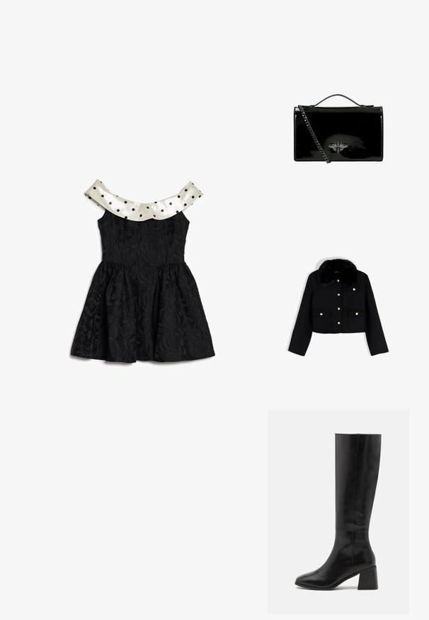 Sort cropped jakke med lange ærmer, imiteret pelskrave, guldknapper ned foran og på tre forlommer.; Sort tekstureret ærmeløs kjole med skørt og off-shoulder hvid krave med sorte polkaprikker.; ONLY SHOES ONLBIJOU KNEE HIGH BOOT - Høje støvler/ Støvler - black; Sort lakeret håndtaske med kædesti, der har et dekorativt metalbi-emblem på fronten. Rektangulær form med blank overflade.