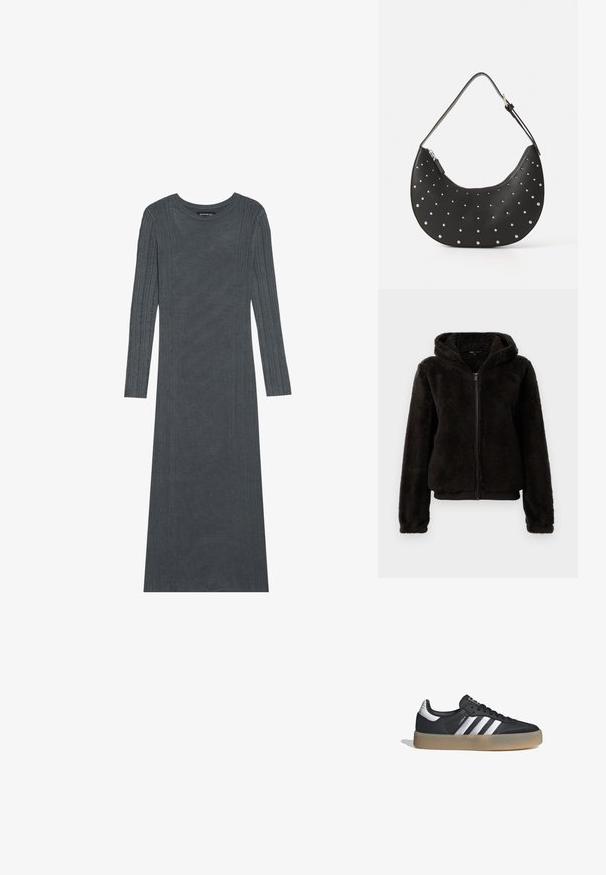 Chaqueta de forro polar negra con cierre de cremallera y capucha, que presenta una textura suave, puños elásticos y una cinturilla para un ajuste ceñido.; Vestido de manga larga de color gris oscuro hecho de un suave material de punto. Presenta rayas verticales texturizadas a lo largo de las mangas y el cuerpo. Cuello redondo.; Zapatilla deportiva de cuero negro con tres rayas plateadas, punta texturizada y suela de goma. Cuenta con un collar acolchado y un diseño con cordones.; Bolso de mano de cuero negro con forma curva, adornado con tachuelas plateadas, cuenta con cierre de cremallera y una sola correa ajustable.