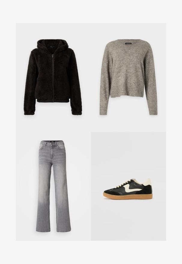 Zwarte fleece zip-up jas met een capuchon, met een pluche textuur, elastische manchetten en een tailleband voor een snug fit.; V-hals, langzijdige trui in lichtgrijze gebreide stof met geribbelde zoom. Lichte textuur, iets cropped ontwerp met een relaxte pasvorm.; Grijs denim jeans met hoge taille en rechte pijpen, voorzien van een knoop en ritssluiting aan de voorkant, voor- en achterzakken, en een vervaagde schaduw op de dijen en kuiten.; Zwarte suède en leren sneaker met een crèmekleurige zij-swoosh en lichte crèmekleurige hiel. Voorzien van beige veters en een gumrubberen zool.