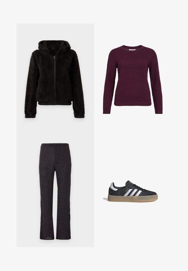 Chaqueta de forro polar negra con cierre de cremallera y capucha, que presenta una textura suave, puños elásticos y una cinturilla para un ajuste ceñido.; Jersey de color burdeos con un patrón texturizado de panal, cuello redondo, mangas largas y puños y dobladillo acanalados.; Pantalones negros acanalados con una cintura elástica, que cuentan con un corte de pierna recta y sutiles destellos iridiscentes por todo el tejido texturizado.; Zapatilla deportiva de cuero negro con tres rayas plateadas, punta texturizada y suela de goma. Cuenta con un collar acolchado y un diseño con cordones.