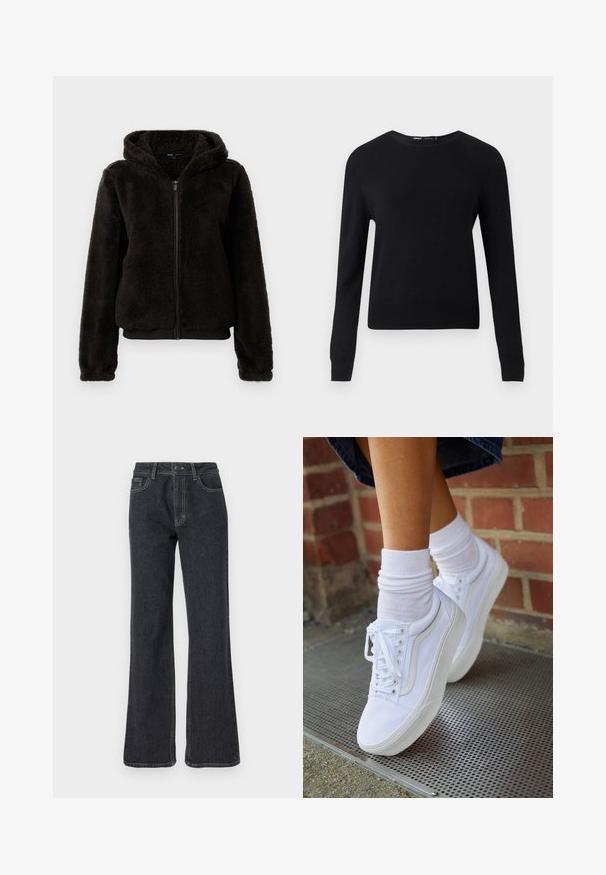 Schwarze Fleece-Zipfeljacke mit Kapuze, ausgestattet mit einer plüschigen Textur, elastischen Bündchen und einem elastischen Bund für eine enge Passform.; Schwarzer Pullover mit langen Ärmeln und Rundhalsausschnitt, mit gerippten Bündchen und Saum, vor einem schlichten hellgrauen Hintergrund dargestellt.; Dunkelblaue Schlagjeans mit hoher Taille, goldenen Nähten, fünf Taschen und Knopfverschluss. Glatte Textur, gerades Bein Design.; Weiße Leinensneaker mit Gummisohlen, ausgestattet mit sechs Ösen, runder Zehenpartie und dezenten Nähten, kombiniert mit weißen Knöchelsocken.