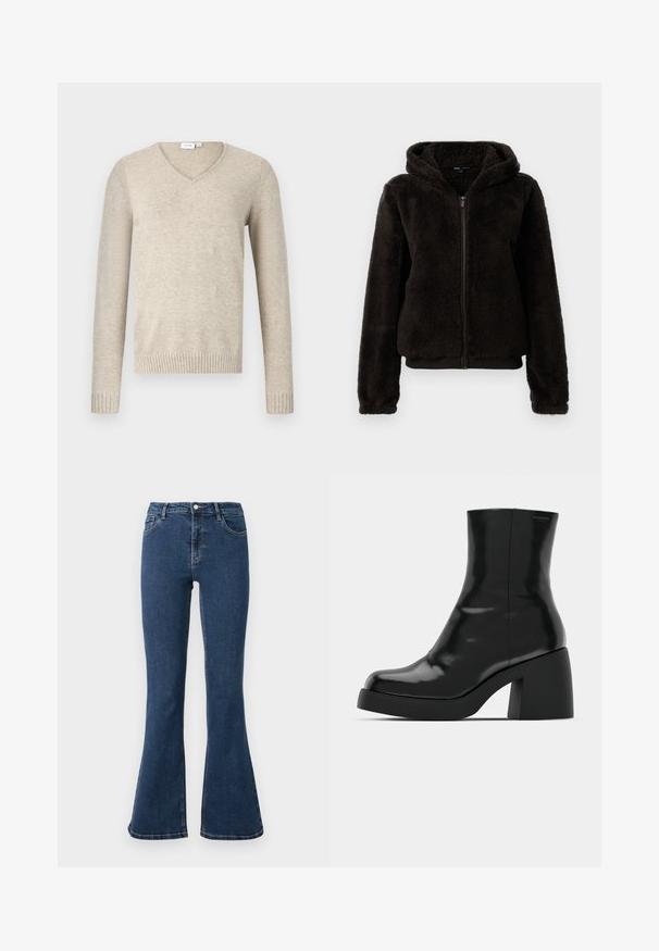 Veste zippée en fleece noir avec capuche, dotée d'une texture douce, de poignets élastiques et d'une ceinture pour un ajustement confortable.; Pull à col en V beige en matériau doux avec des manches longues et des poignets côtelés. Présente un design simple sans motifs ni embellissements.; Jeans évasés en denim bleu foncé, dotés d'une fermeture à bouton, de cinq poches et de surpiqûres contrastantes. Texture lisse et design à jambes larges.; Bottines noires à finition brillante, bout carré et épais talon bloc. Le design présente une silhouette homogène et un branding minimal.