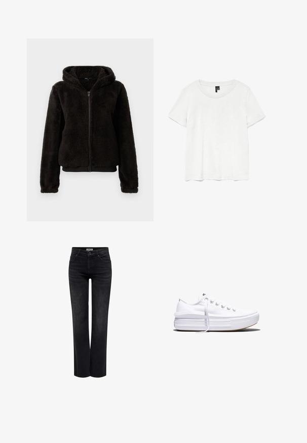 Sort fleece zip-up jakke med hætte, der har en blød tekstur, elastiske manchetter og et bånd i taljen for en tætsiddende pasform.; Hvid kortærmet t-shirt med rund halsudskæring, lavet af letvægtsstof. Enkel design, glat tekstur og lige kant.; ONLY BLUSH MID STRAIGHT NOOS - Jeans Straight Leg - washed black; Hvid lavt snørestøvle med tyk plateau-sål, snørelukning foran og gummiforstærket tåkap, set i sideprofil.