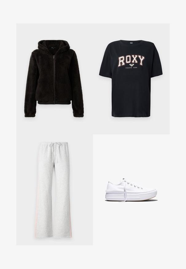 Schwarze Fleece-Zipfeljacke mit Kapuze, ausgestattet mit einer plüschigen Textur, elastischen Bündchen und einem elastischen Bund für eine enge Passform.; Schwarzes Baumwoll-T-Shirt mit kurzen Ärmeln. Verfügt über fetten weißen und roten "ROXY"-Text und "PARADISE FOUND" darunter. Reguläre Passform und einfacher Rundhalsausschnitt.; Graue Jogginghosen mit einem Zugbandbund, geradem Bein und einem hellrosa Streifen an der Seite. Hergestellt aus weichem, bequemem Stoff.; Weißer Canvas-Sneaker mit niedrigem Schnitt, dicker Plateau-Sohle, vorderer Schnürung und rauer Gummikappe an der Spitze, aus seitlicher Ansicht gezeigt.