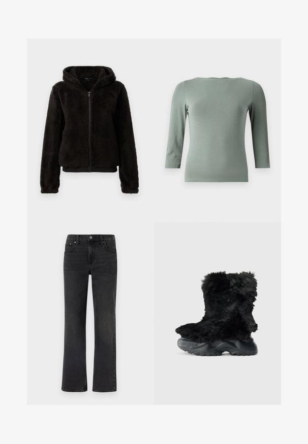 Veste zippée en fleece noir avec capuche, dotée d'une texture douce, de poignets élastiques et d'une ceinture pour un ajustement confortable.; Haut ajusté à manches longues de couleur vert menthe, avec un large col et des manches trois-quarts. Fabriqué en un tissu lisse et extensible avec des coutures minimales.; Jeans en denim noir avec un design à jambe droite, cinq poches et des coutures visibles. Le tissu présente une texture douce avec une finition délavée.; Bottines noires en fourrure avec un dessus texturé, dotées d'une épaisse semelle en caoutchouc noir et d'un motif cranté pour une bonne adhérence et stabilité.