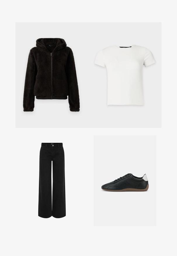 Chaqueta de forro polar negra con cierre de cremallera y capucha, que presenta una textura suave, puños elásticos y una cinturilla para un ajuste ceñido.; Camiseta blanca de punto acanalado con mangas cortas y cuello redondo, presentada sobre un fondo liso gris claro.; Pantalones de mezclilla negros de pierna ancha con cintura alta, que cuentan con un cierre frontal con botón, dos bolsillos laterales y un diseño clásico de cinco bolsillos.; Zapatilla de piel negra de perfil bajo con suela marrón, cordones negros y parche blanco en el talón, mostrada sobre un fondo liso gris claro.