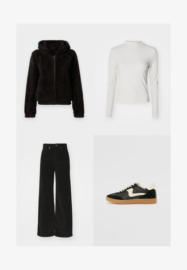 Zwarte fleece zip-up jas met een capuchon, met een pluche textuur, elastische manchetten en een tailleband voor een snug fit.; Lichtbeige, langärmeliges, geripptes Oberteil mit Stehkragen und glatter Textur, das eine figurbetonte Form und dezente Designdetails aufweist.; Zwarte corduroy wijde broek met een hoge taille, voorzien van twee voorkruimels en een metalen knoopsluiting. Textiel met verticale ribbels.; Zwarte suède en leren sneaker met een crèmekleurige zij-swoosh en lichte crèmekleurige hiel. Voorzien van beige veters en een gumrubberen zool.