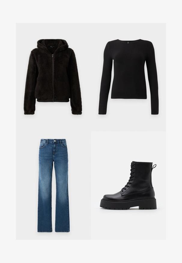 Sort fleece zip-up jakke med hætte, der har en blød tekstur, elastiske manchetter og et bånd i taljen for en tætsiddende pasform.; Sort ribbet langærmet top med rund halsudskæring og tætsiddende silhuet. Stoffet ser blødt og tekstureret ud med en subtil stræk.; Blå denimjeans med lige ben, fem lommer, let falmning, knaplukning og kontrastsyede detaljer.; Sorte læder ankelstøvler med rund tå, snørebånd foran og en tyk gummisål med struktureret slidbane. Hæfteløkke bagpå.