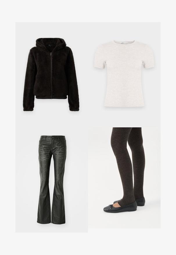 Zwarte fleece zip-up jas met een capuchon, met een pluche textuur, elastische manchetten en een tailleband voor een snug fit.; Lichtgrijs T-shirt met korte mouwen, gemaakt van geribbelde stof met een ronde hals. Eenvoudig ontwerp, gladde textuur, geen zichtbare patronen of accenten.; Zwarte nepleer flared jeans met voorzakken, een metalen knoopsluiting en een licht gestructureerd oppervlak. Rechte pijpen met een lange snit.; Benen met donkere geribbelde leggings gecombineerd met zwarte ballerina's met kleine strikdetails op een witte achtergrond.