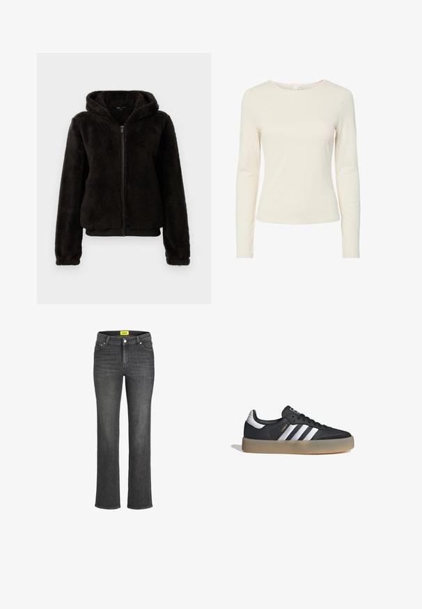 Chaqueta de forro polar negra con cierre de cremallera y capucha, que presenta una textura suave, puños elásticos y una cinturilla para un ajuste ceñido.; Camisa de mujer ajustada de manga larga en color crema, con cuello redondo y textura suave, exhibida sobre un fondo blanco.; Jeans de denim gris oscuro con diseño de pierna recta, estilo de cinco bolsillos y etiqueta de marca amarilla en la cinturilla. Cierre de botón metálico.; Zapatilla deportiva de cuero negro con tres rayas plateadas, punta texturizada y suela de goma. Cuenta con un collar acolchado y un diseño con cordones.