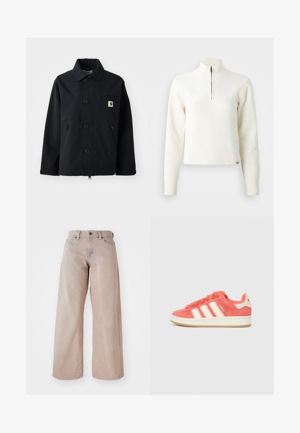 Sort jakke lavet af robust stof med lige skæring, der har knaplukning foran, sidelommer og en brystlomme med et logo-patch.; Hvid, sweater med lynlås ved halsen og lange ærmer. Lavet af et blødt strikmateriale, med ribbede manchetter og kant. Diskret mærke-logo ved kanten.; Beige vidde jeans med høj talje, fem-lomme design og knaplukning. Stoffet har en blød tekstur og en let falmning foran.; Lyserøde flade sneakers med cremefarvede striber, runde snørebånd og en tekstureret tunge. Har en gummigummi sål og et logo på hælen.