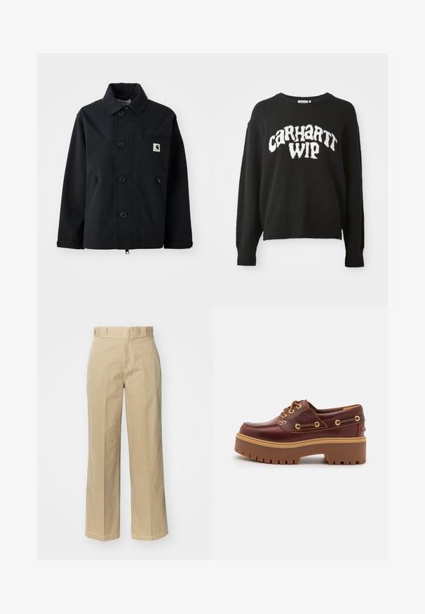 Sort jakke lavet af robust stof med lige skæring, der har knaplukning foran, sidelommer og en brystlomme med et logo-patch.; Sort striktrøje med en afslappet pasform, rund halsudskæring og hvid "CARHARTT WIP" logo på forsiden. Blød tekstur, lange ærmer.; Beige brede benbukser lavet af bomuld, med bæltestropper, lynlås og kontrast stitching langs sømmene.; Brune læder bådsko med en kraftig brun gummisål, gyldne snørehuller og kontraststing. Har et logo på siden.