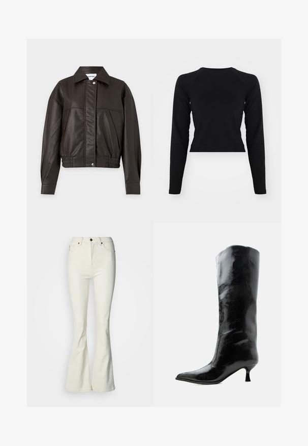 Veste en simili cuir marron foncé avec fermeture à pression sur le devant, détail élastique à la taille, manches longues et col pointu.; Crop top noir à manches longues avec un col rond et des manches raglan. Texture lisse, design minimaliste et sans motifs ni éléments métalliques visibles.; Jean blanc évasé en denim, doté d'une fermeture par bouton, de cinq poches et d'une texture lisse. Le modèle comprend une légère élasticité.; Botte en cuir noire brillante, haute jusqu'au genou, avec bout pointu et talon bas courbé sur un fond clair uni.