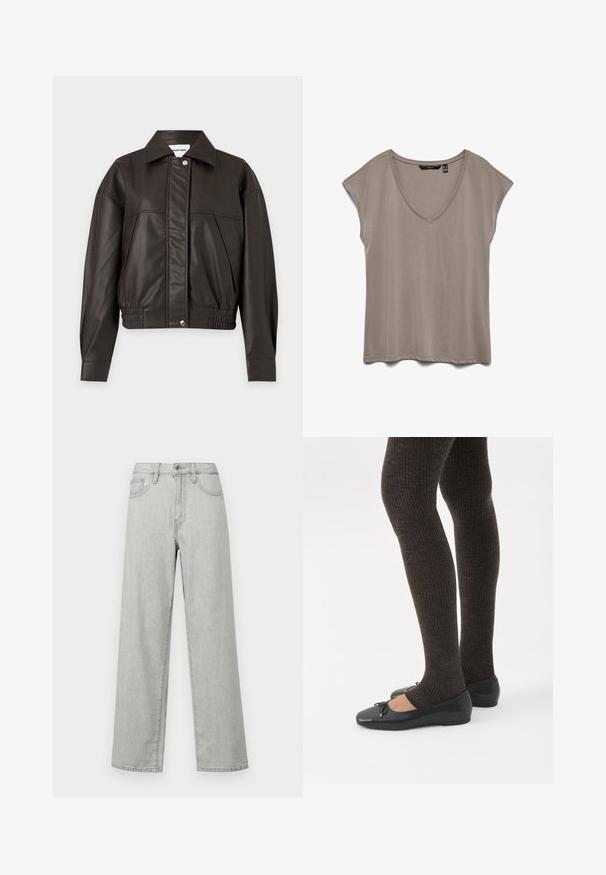 Chaqueta de cuero sintético marrón oscuro con cierre frontal de botones a presión, detalle elástico en la cintura, mangas largas y cuello puntiagudo.; Top de mujer de color topo, manga corta, con escote en V y corte holgado, extendido sobre un fondo blanco.; Jeans de pierna ancha de color gris claro, fabricados en denim, con una cintura alta, bolsillos delanteros y un cierre estándar con botón y cremallera.; Piernas con leggings oscuros acanalados combinados con bailarinas negras que presentan pequeños detalles de lazo sobre un fondo blanco.